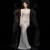 Affordable Silver Sequins Evening Dresses  2020 Trumpet / Mermaid Scoop Neck Sleeveless Floor-Length / Long Formal Dresses
