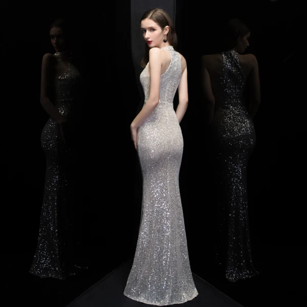 Affordable Silver Sequins Evening Dresses 2020 Trumpet / Mermaid Scoop Neck Sleeveless Floor-Length / Long Formal Dresses