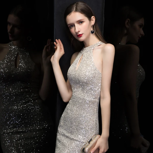 Affordable Silver Sequins Evening Dresses 2020 Trumpet / Mermaid Scoop Neck Sleeveless Floor-Length / Long Formal Dresses