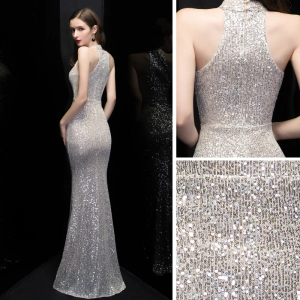 Affordable Silver Sequins Evening Dresses 2020 Trumpet / Mermaid Scoop Neck Sleeveless Floor-Length / Long Formal Dresses