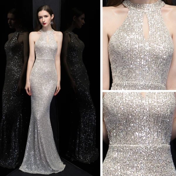 Affordable Silver Sequins Evening Dresses 2020 Trumpet / Mermaid Scoop Neck Sleeveless Floor-Length / Long Formal Dresses