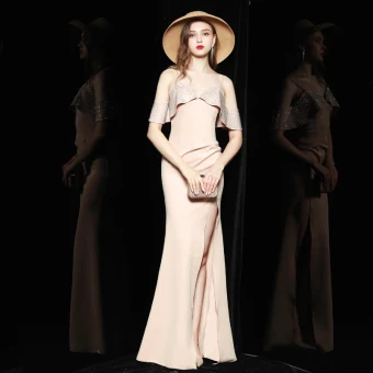 Chic Beautiful Beige Holiday Evening Dresses 2020 Trumpet Mermaid Spaghetti Straps Short Sleeve Rhinestone Split Front Floor Length Long Backless Formal Dresses