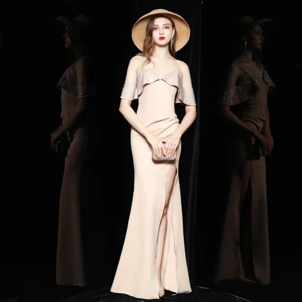 Chic / Beautiful Beige Holiday Evening Dresses 2020 Trumpet / Mermaid Spaghetti Straps Short Sleeve Rhinestone Split Front Floor-Length / Long