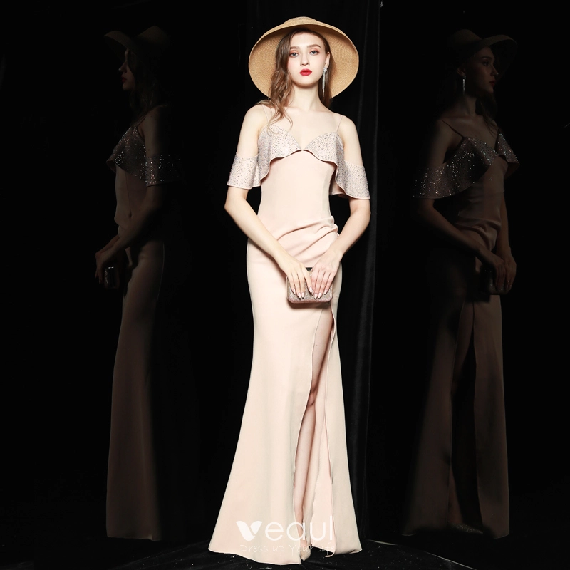 Chic / Beautiful Beige Holiday Evening Dresses 2020 Trumpet / Mermaid Spaghetti Straps Short Sleeve Rhinestone Split Front Floor-Length / Long
