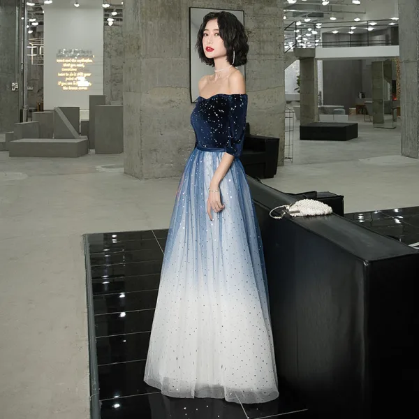 Chic / Belle Bleu Marine Dégradé De Couleur Blanche Daim Robe De Soirée 2020 Princesse De l'épaule 1/2 Manches Paillettes Ceinture Longue Volants Dos Nu