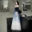 Chic / Belle Bleu Marine Dégradé De Couleur Blanche Daim Robe De Soirée 2020 Princesse De l'épaule 1/2 Manches Paillettes Ceinture Longue Volants Dos Nu