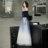 Chic / Beautiful Navy Blue Gradient-Color White Suede Evening Dresses  2020 A-Line / Princess Off-The-Shoulder 1/2 Sleeves Sequins Sash Floor-Length / Long Ruffle Backless