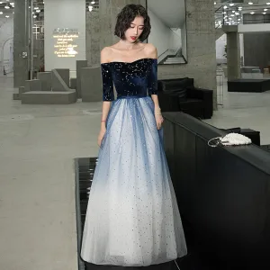 Chic Belle Bleu Marine Dégradé De Couleur Blanche Daim Robe De Soirée 2020 Princesse De L Épaule 1 2 Manches Paillettes Ceinture Longue Volants Dos Nu