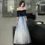 Chic / Belle Bleu Marine Dégradé De Couleur Blanche Daim Robe De Soirée 2020 Princesse De l'épaule 1/2 Manches Paillettes Ceinture Longue Volants Dos Nu