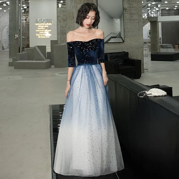 Chic / Beautiful Navy Blue Gradient-Color White Suede Evening Dresses  2020 A-Line / Princess Off-The-Shoulder 1/2 Sleeves Sequins Sash Floor-Length / Long Ruffle Backless