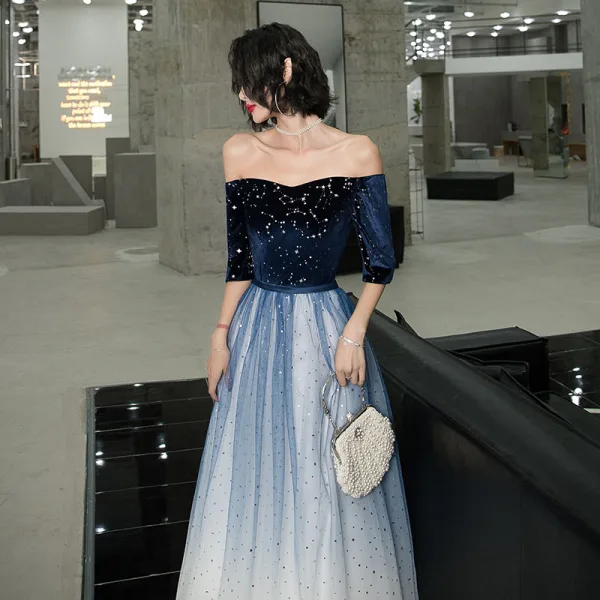Chic / Belle Bleu Marine Dégradé De Couleur Blanche Daim Robe De Soirée 2020 Princesse De l'épaule 1/2 Manches Paillettes Ceinture Longue Volants Dos Nu