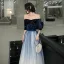 Chic / Belle Bleu Marine Dégradé De Couleur Blanche Daim Robe De Soirée 2020 Princesse De l'épaule 1/2 Manches Paillettes Ceinture Longue Volants Dos Nu