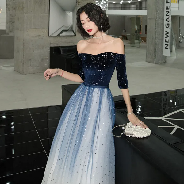Chic / Belle Bleu Marine Dégradé De Couleur Blanche Daim Robe De Soirée 2020 Princesse De l'épaule 1/2 Manches Paillettes Ceinture Longue Volants Dos Nu