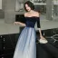Chic / Belle Bleu Marine Dégradé De Couleur Blanche Daim Robe De Soirée 2020 Princesse De l'épaule 1/2 Manches Paillettes Ceinture Longue Volants Dos Nu