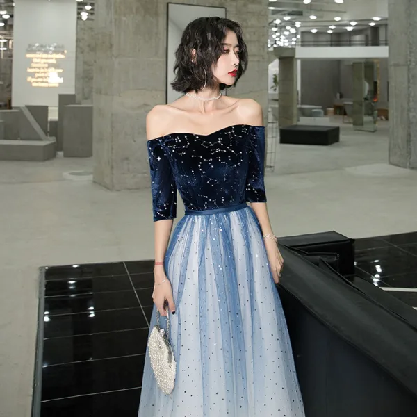 Chic / Belle Bleu Marine Dégradé De Couleur Blanche Daim Robe De Soirée 2020 Princesse De l'épaule 1/2 Manches Paillettes Ceinture Longue Volants Dos Nu