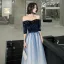Chic / Belle Bleu Marine Dégradé De Couleur Blanche Daim Robe De Soirée 2020 Princesse De l'épaule 1/2 Manches Paillettes Ceinture Longue Volants Dos Nu