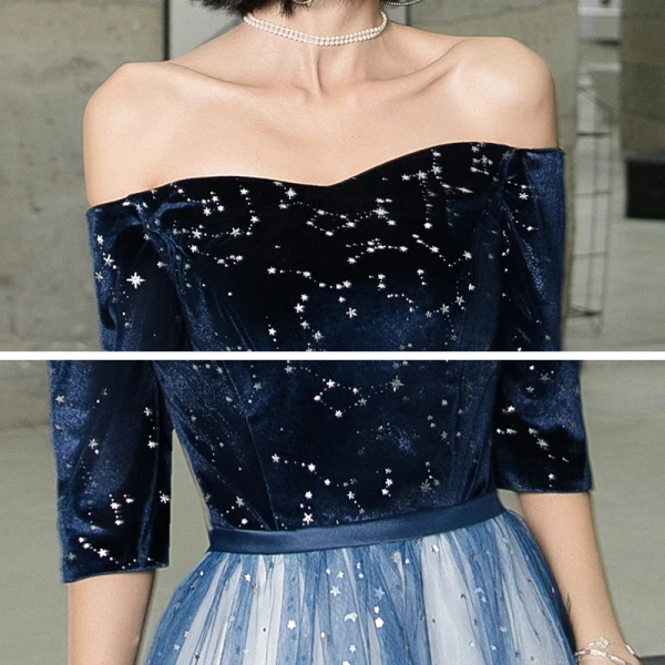 Chic / Belle Bleu Marine Dégradé De Couleur Blanche Daim Robe De Soirée 2020 Princesse De l'épaule 1/2 Manches Paillettes Ceinture Longue Volants Dos Nu