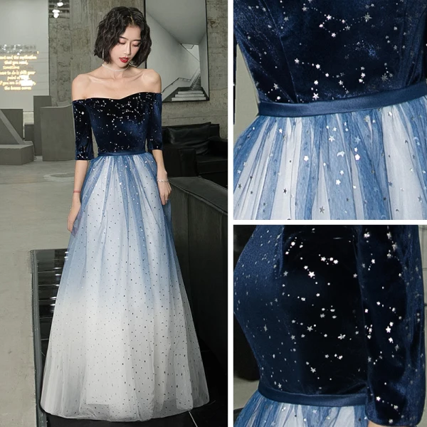Chic / Belle Bleu Marine Dégradé De Couleur Blanche Daim Robe De Soirée 2020 Princesse De l'épaule 1/2 Manches Paillettes Ceinture Longue Volants Dos Nu