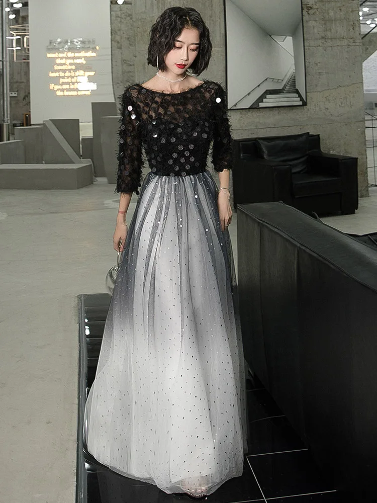sachin and babi light blue dress Affordable Black Gradient Color White Evening Dresses 2020 A Line Princess  See Through Scoop Neck 3 4 Sleeve Star Sequins Floor Length Long Ruffle Formal  Dresses