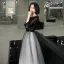 Abordable Noire Dégradé De Couleur Blanche Robe De Soirée 2020 Princesse Transparentes Encolure Dégagée 3/4 Manches Étoile Paillettes Longue Volants Robe De Ceremonie