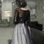 Abordable Noire Dégradé De Couleur Blanche Robe De Soirée 2020 Princesse Transparentes Encolure Dégagée 3/4 Manches Étoile Paillettes Longue Volants Robe De Ceremonie