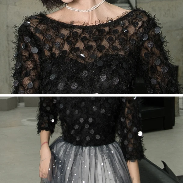 Abordable Noire Dégradé De Couleur Blanche Robe De Soirée 2020 Princesse Transparentes Encolure Dégagée 3/4 Manches Étoile Paillettes Longue Volants Robe De Ceremonie