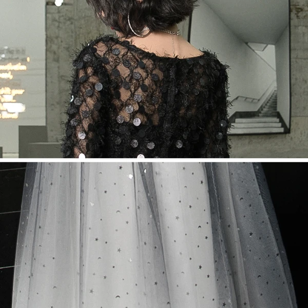 Abordable Noire Dégradé De Couleur Blanche Robe De Soirée 2020 Princesse Transparentes Encolure Dégagée 3/4 Manches Étoile Paillettes Longue Volants Robe De Ceremonie
