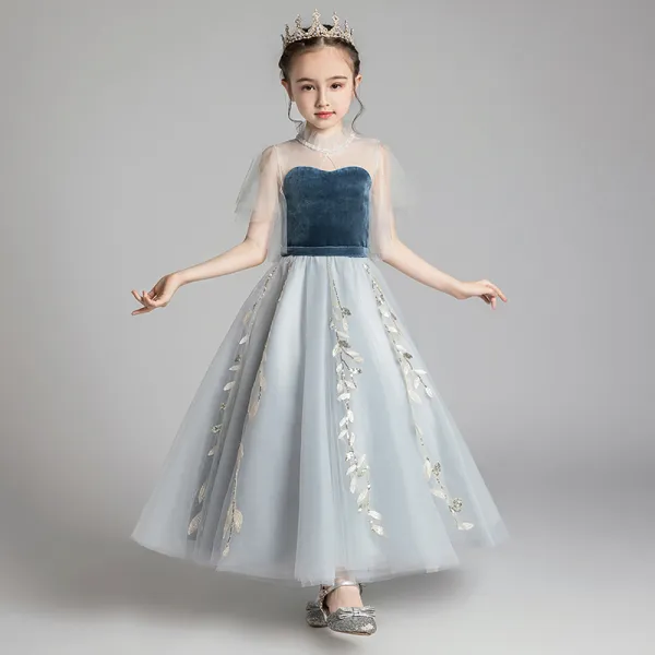 Chic / Beautiful Grey See-through Birthday Flower Girl Dresses 2020 A-Line / Princess High Neck Bell sleeves Appliques Lace Sequins Floor-Length / Long Ruffle Wedding Party Dresses