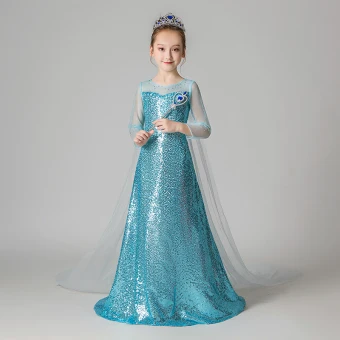 Frozen Costume Jade Green Sequins Birthday Flower Girl Dresses 2020 A Line Princess Scoop Neck See Through 3 4 Sleeve Rhinestone Watteau Train Backless Wedding Party Dresses