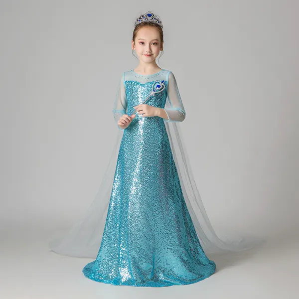 Frozen kostium filmowy Jade Zielony Cekiny Urodziny Sukienki Dla Dziewczynek 2020 Princessa Wycięciem Przezroczyste 3/4 Rękawy Rhinestone Trenem Watteau Bez Pleców Sukienki Na Wesele