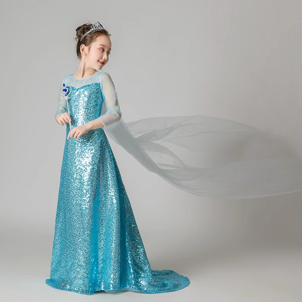 Frozen movie-kostuum Jade Groen Pailletten Verjaardag Bloemenmeisjes Jurken 2020 A lijn Ronde Hals Doorzichtige 3/4 Mouwen Rhinestone Watteau Train Ruglooze Jurken Voor Bruiloft