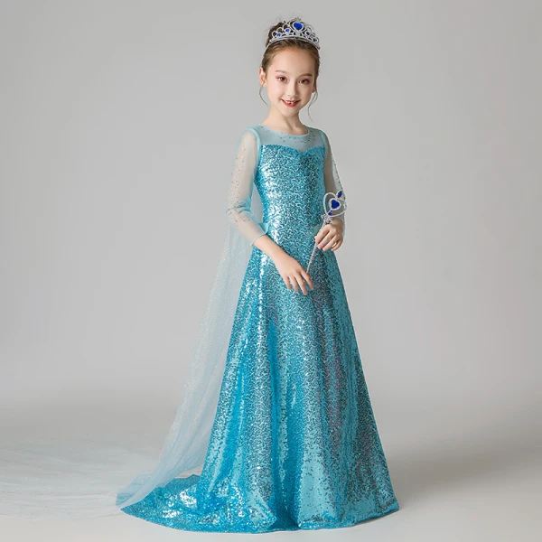 Frozen movie-kostuum Jade Groen Pailletten Verjaardag Bloemenmeisjes Jurken 2020 A lijn Ronde Hals Doorzichtige 3/4 Mouwen Rhinestone Watteau Train Ruglooze Jurken Voor Bruiloft