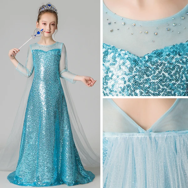 Frozen movie-kostuum Jade Groen Pailletten Verjaardag Bloemenmeisjes Jurken 2020 A lijn Ronde Hals Doorzichtige 3/4 Mouwen Rhinestone Watteau Train Ruglooze Jurken Voor Bruiloft
