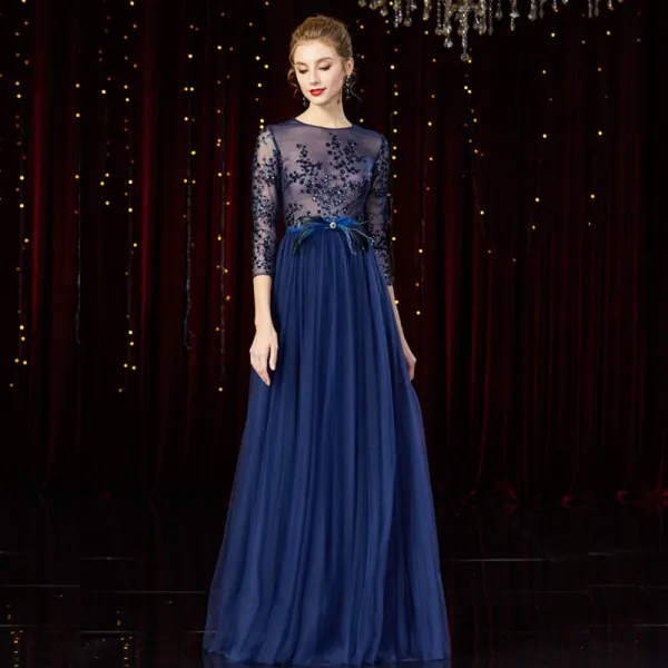 Illusion Navy Blue See-through Red Carpet Evening Dresses  2020 A-Line / Princess Scoop Neck 3/4 Sleeve Feather Sash Beading Floor-Length / Long Ruffle Formal Dresses