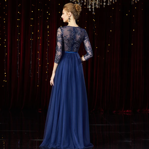Illusion Bleu Marine Transparentes Tapis rouge Robe De Soirée 2020 Princesse Encolure Dégagée 3/4 Manches Plumes Ceinture Perlage Longue Volants Robe De Ceremonie
