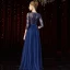 Illusion Bleu Marine Transparentes Tapis rouge Robe De Soirée 2020 Princesse Encolure Dégagée 3/4 Manches Plumes Ceinture Perlage Longue Volants Robe De Ceremonie