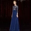 Illusion Bleu Marine Transparentes Tapis rouge Robe De Soirée 2020 Princesse Encolure Dégagée 3/4 Manches Plumes Ceinture Perlage Longue Volants Robe De Ceremonie