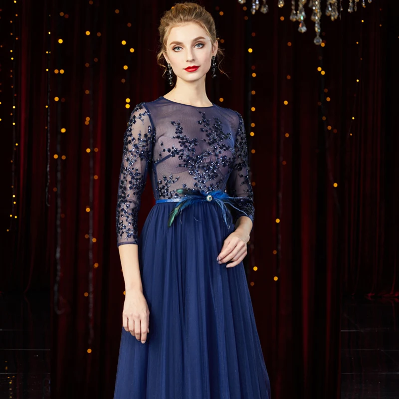 Illusion Navy Blue See Through Red Carpet Evening Dresses 2020 A Line Princess Scoop Neck 3 4 Sleeve Feather Sash Beading Floor Length Long Ruffle Formal Dresses Illusion Navy Blue See Through Red Carpet Evening Dresses 2020 A Line Princess Scoop Neck 3 4 Sleeve Feather Sash Beading Floor Length Long Ruffle Formal Dresses