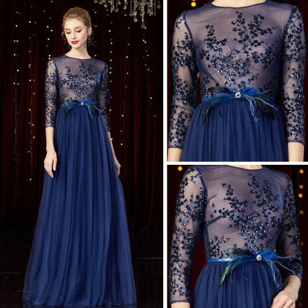 Illusion Bleu Marine Transparentes Tapis rouge Robe De Soirée 2020 Princesse Encolure Dégagée 3/4 Manches Plumes Ceinture Perlage Longue Volants Robe De Ceremonie