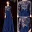 Illusion Bleu Marine Transparentes Tapis rouge Robe De Soirée 2020 Princesse Encolure Dégagée 3/4 Manches Plumes Ceinture Perlage Longue Volants Robe De Ceremonie