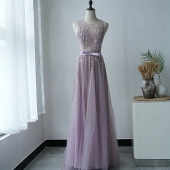 Illusion Lavender See Through Evening Dresses 2020 A Line Princess Scoop Neck Sleeveless Appliques Flower Beading Bow Sash Sweep Train Ruffle Formal Dresses