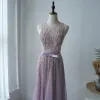 Illusion Lavender See-through Evening Dresses  2020 A-Line / Princess Scoop Neck Sleeveless Appliques Flower Beading Bow Sash Sweep Train Ruffle Formal Dresses