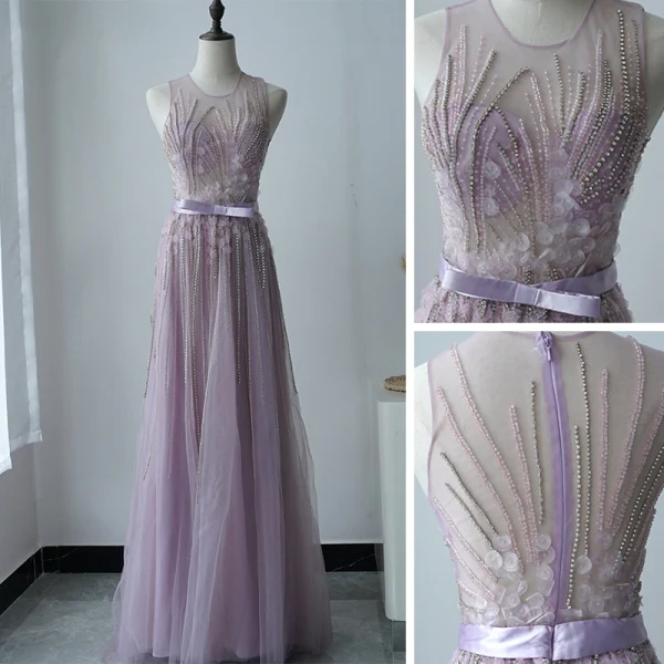 Illusion Lavande Transparentes Robe De Soirée 2020 Princesse Encolure Dégagée Sans Manches Appliques Fleur Perlage Noeud Ceinture Train De Balayage Volants Robe De Ceremonie