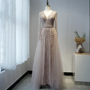 High End Champagne Prom Dresses 2020 A Line Princess Deep V Neck Long Sleeve Sash Beading Floor Length Long Ruffle Formal Dresses