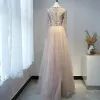 High-end Champagne Prom Dresses 2020 A-Line / Princess Deep V-Neck Long Sleeve Sash Beading Floor-Length / Long Ruffle Formal Dresses
