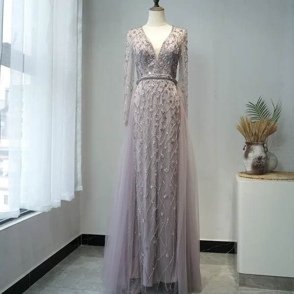 High-end Champagne Prom Dresses 2020 A-Line / Princess Deep V-Neck Long Sleeve Sash Beading Floor-Length / Long Ruffle Formal Dresses
