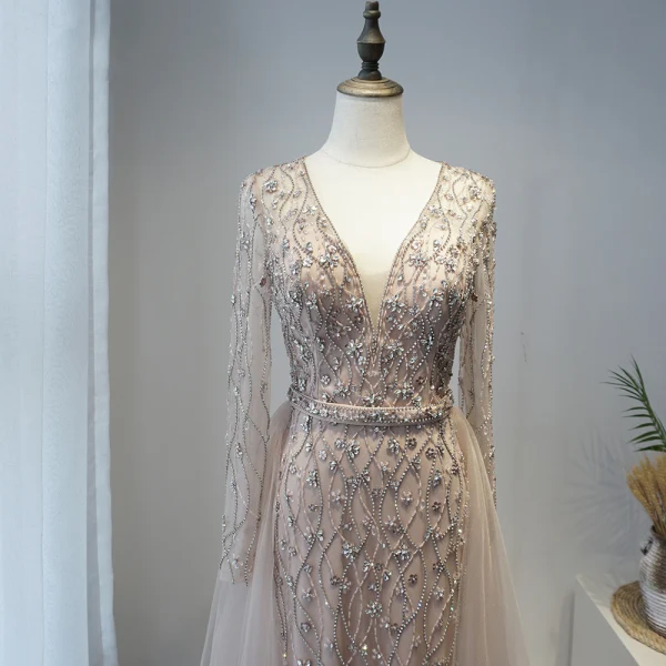 High-end Champagne Prom Dresses 2020 A-Line / Princess Deep V-Neck Long Sleeve Sash Beading Floor-Length / Long Ruffle Formal Dresses