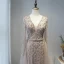 High-end Champagne Prom Dresses 2020 A-Line / Princess Deep V-Neck Long Sleeve Sash Beading Floor-Length / Long Ruffle Formal Dresses