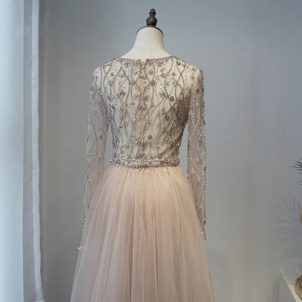 High-end Champagne Prom Dresses 2020 A-Line / Princess Deep V-Neck Long Sleeve Sash Beading Floor-Length / Long Ruffle Formal Dresses