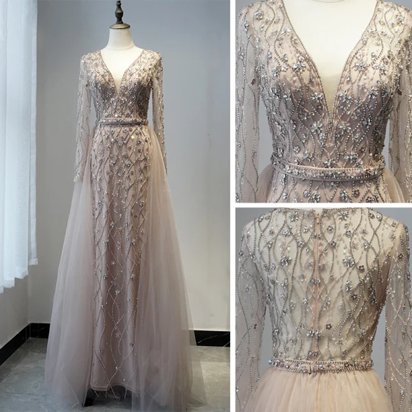 High-end Champagne Prom Dresses 2020 A-Line / Princess Deep V-Neck Long Sleeve Sash Beading Floor-Length / Long Ruffle Formal Dresses